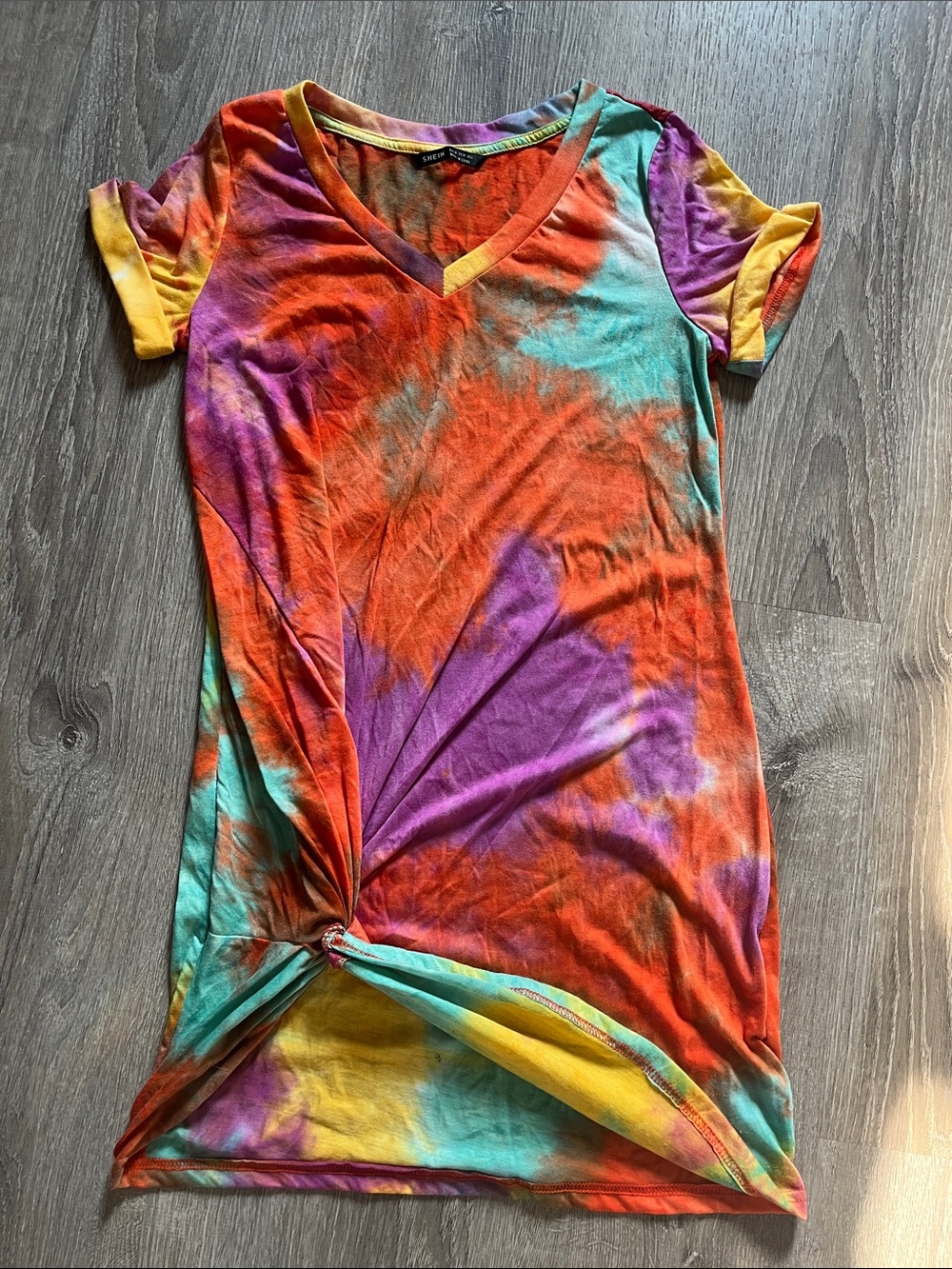 SHEIN Multicolor Tie-Dye V-Neck Mini Dress - Orange, Purple, Teal, Yellow